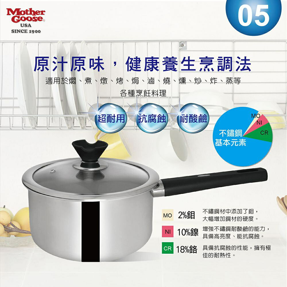 【美國MotherGoose 鵝媽媽】醫療級316 比爾IH導磁不鏽鋼湯鍋18cm 8