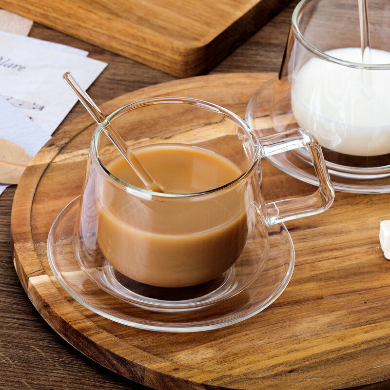 創意透明玻璃雙層隔熱咖啡杯帶把簡約杯碟套裝下午茶杯辦公室家用