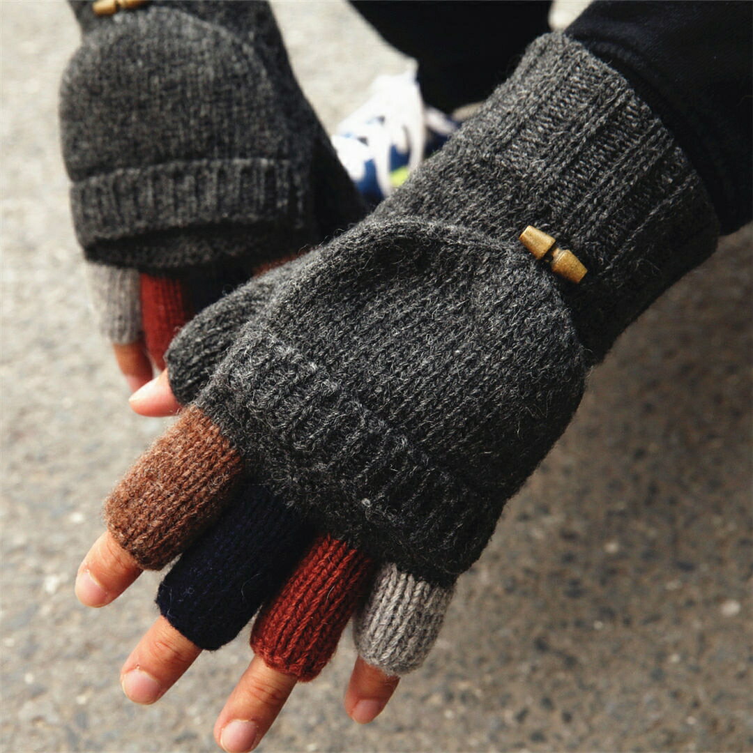 沛錦羊毛手套保暖加厚半指男女情侶手套撞色針織翻蓋保暖毛線手套1入
