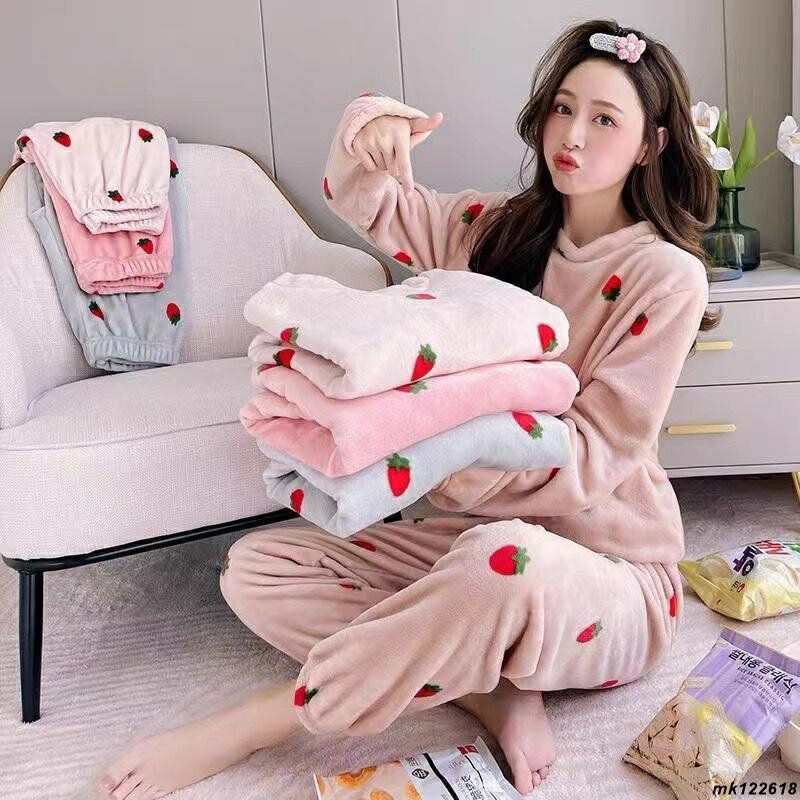 睡衣女秋冬加絨加厚珊瑚絨睡衣束腳保暖套裝草莓暖暖家居服可外穿mk