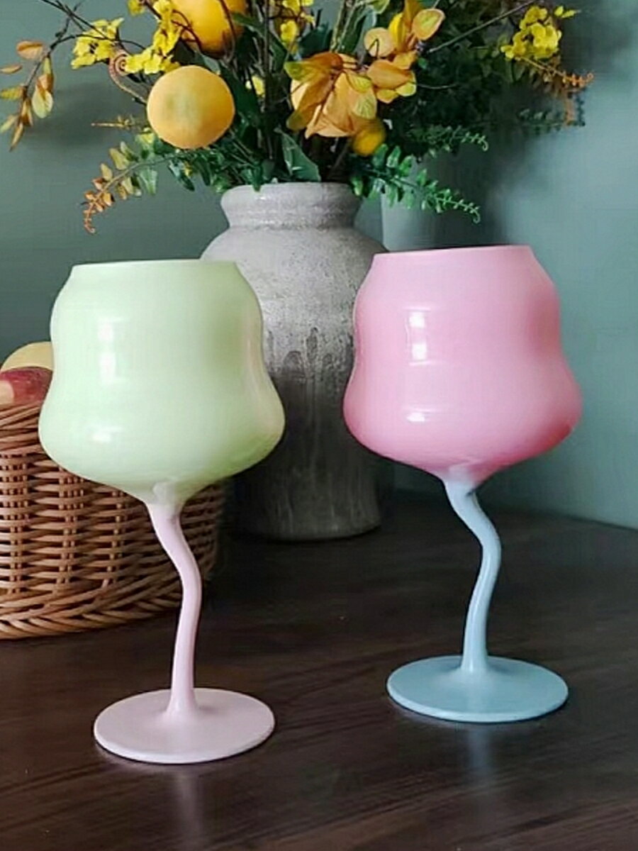 復古撞色扭扭杯奶油酒神杯粉色綠色水晶玻璃紅酒杯子高腳杯馬卡龍