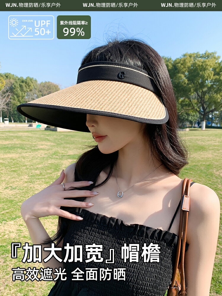 大帽檐防曬帽女夏季防紫外線草帽騎車太陽帽子可折疊空頂遮陽帽