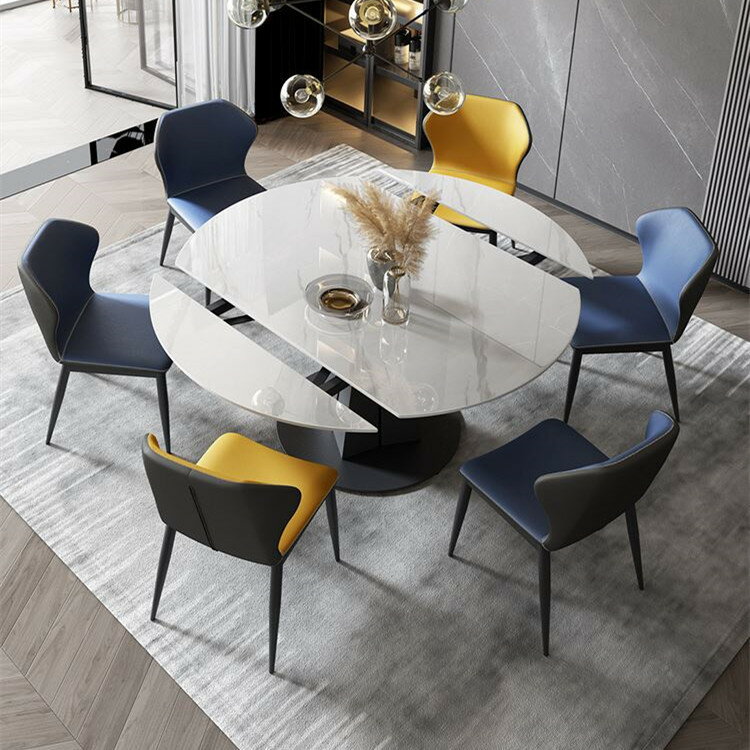 巖板餐桌椅組合伸縮輕奢現代簡約小戶型方圓兩用家用旋轉可變圓桌
