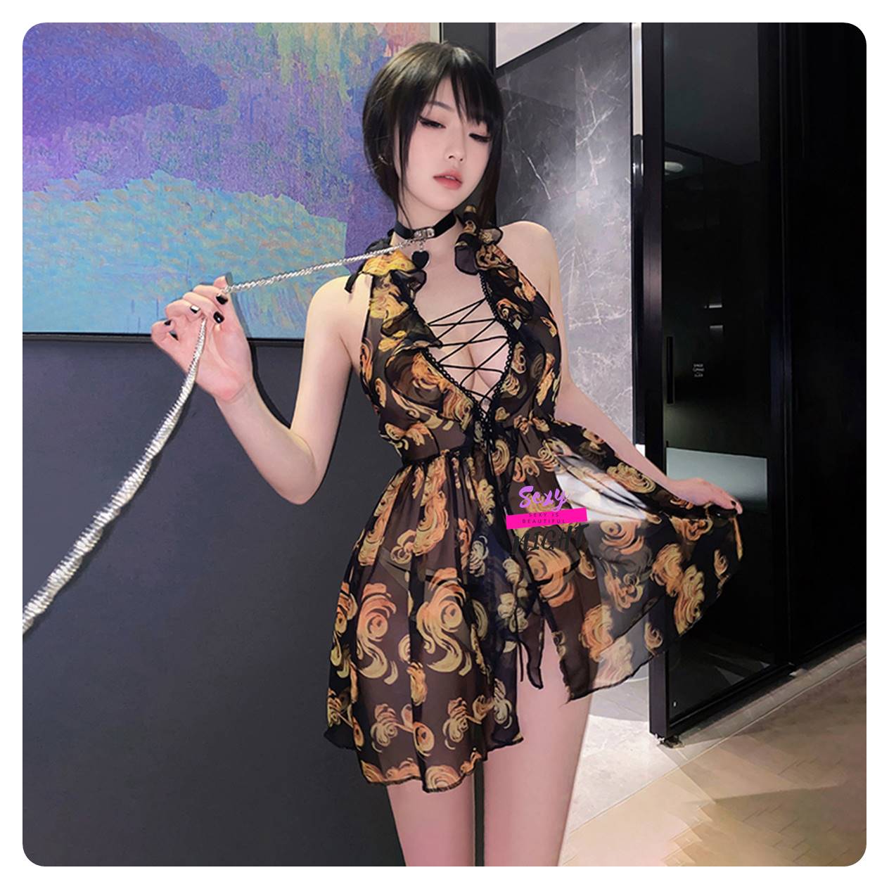 《H7573》深V綁帶露胸印花連衣裙