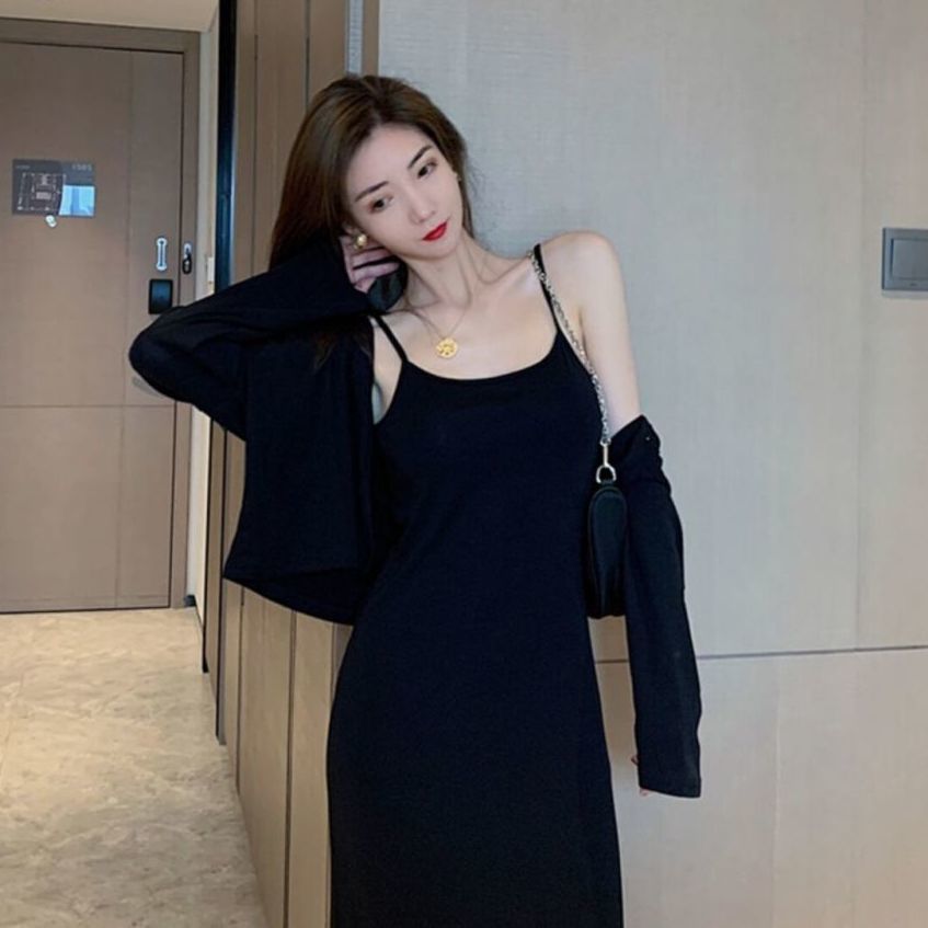 洋裝吊帶連衣裙女神範收腰顯瘦長裙長袖性感氣質洋氣兩件套潮秋季
