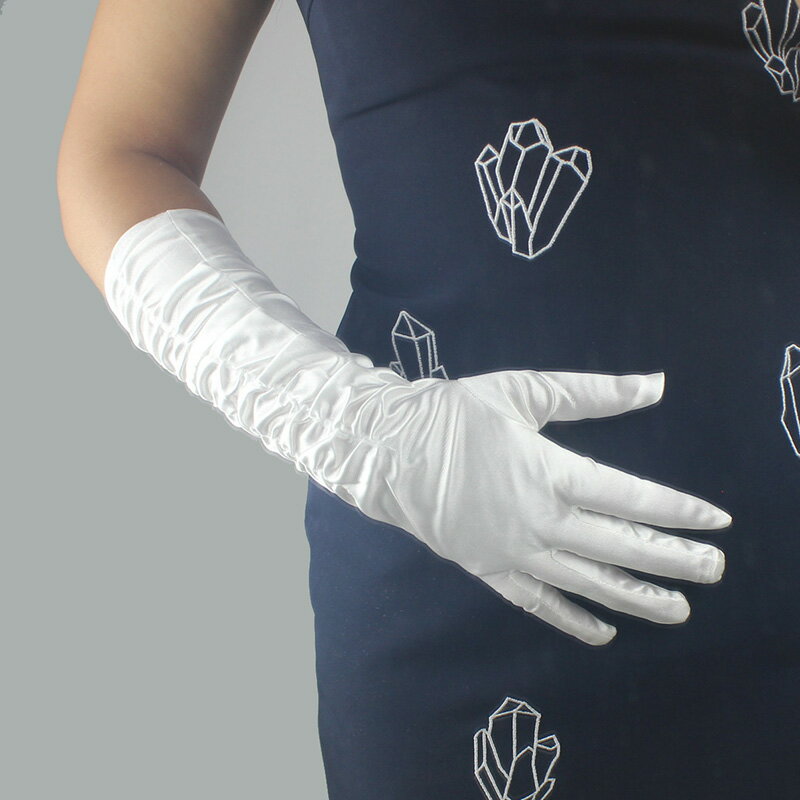 包郵絲綢手套38cm褶皺彈性絲光珠光綢緞面白色黑長款女款婚紗禮服