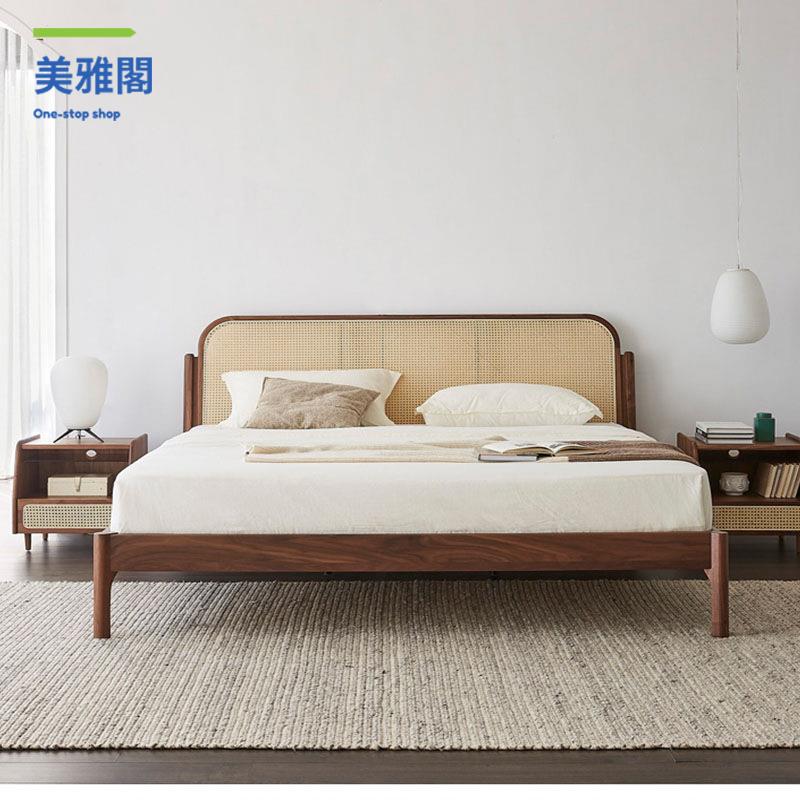 【美雅閣家居】精工細作 免運 日式藤編實木床 1.8米簡約現代臥室雙人床北美黑胡桃小戶型家用床 八折下標【YY9/29】