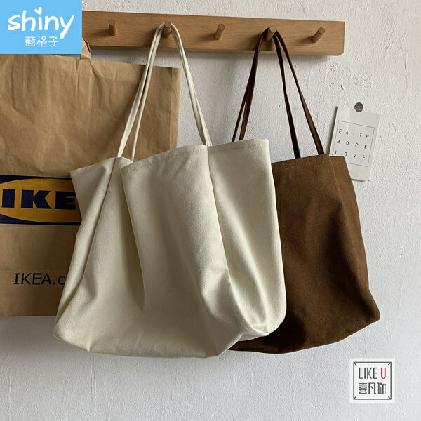 文青簡約‧慵懶風大容量帆布單肩包- shiny藍格子【P230】