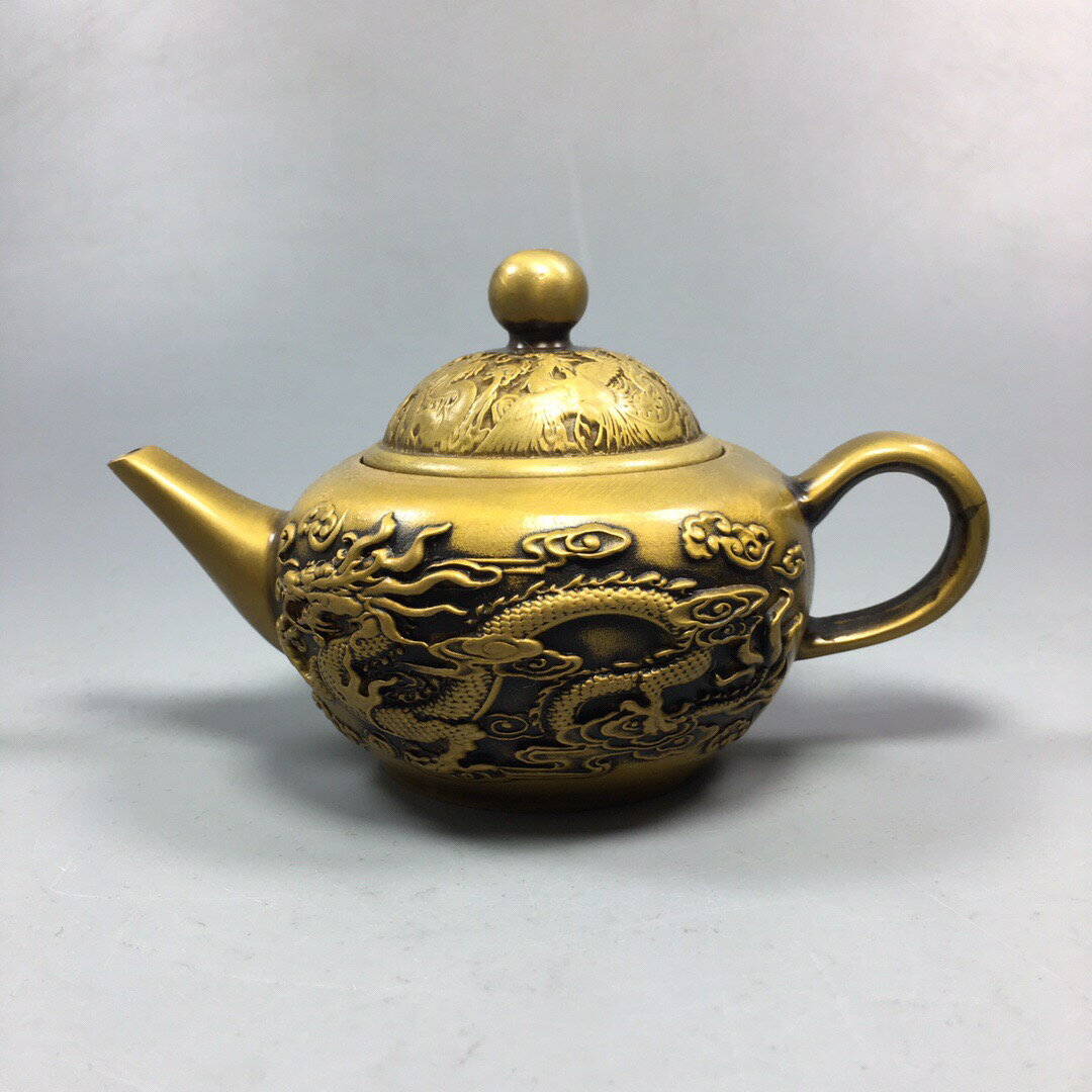 銅器 龍鳳壺 水筒 茶壺 酒壺 工芸品 置物 黃銅龍鳳壺純銅酒壺水壺手把壺老銅壺乾隆年制仿古精工家居裝飾品| 協貿