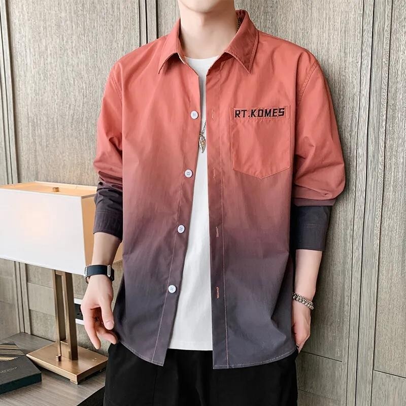 【新品】韓版男襯衫 長袖襯衫 襯衫男 休閑襯衫 春秋季新款潮流漸變帥氣男士襯韓版時尚百搭日係休閒襯衫