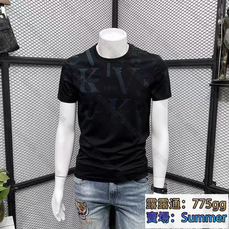 【全球優品匯】男士短袖T桖 POLO 純棉T桖2024夏季絲光棉男短袖印花t恤新款韓版修身圓領半袖燙鉆潮男體恤