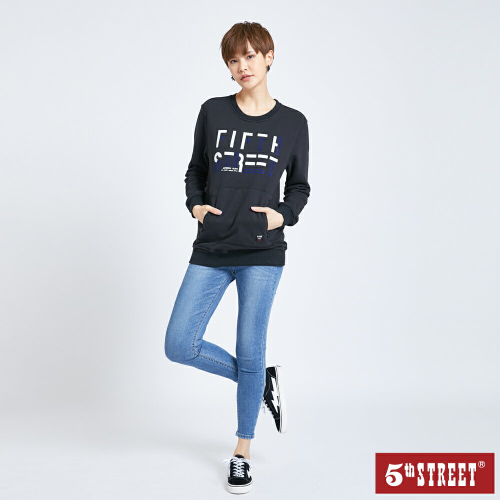 中性大5雙拉口袋厚長袖T恤-黑色【5th STREET】【APP下單享4%點數】 2