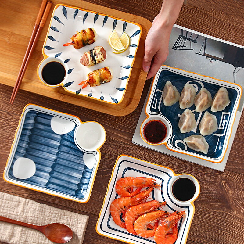 陶瓷餃子盤帶醋碟日式餐具菜盤子創意輕奢水餃專用盤分格盤早餐盤