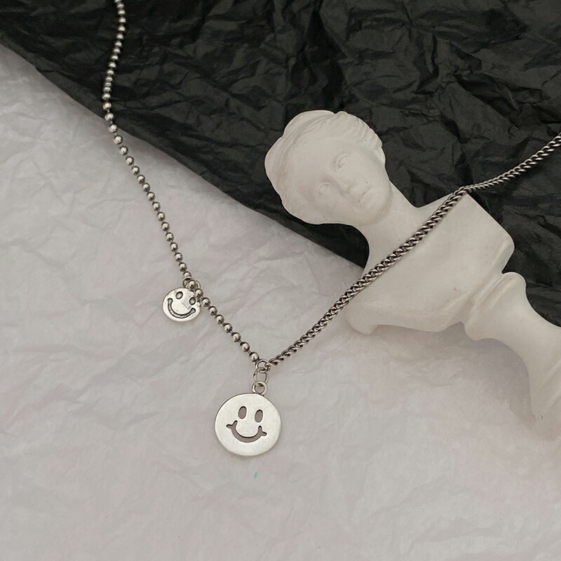 925純銀圓牌笑臉項鏈女年新款潮微笑鎖骨鏈ins冷淡風復古頸鏈 3