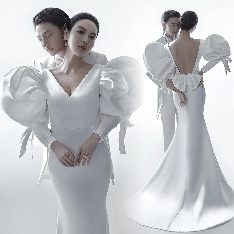 新款影樓拍照主題服裝時尚攝影韓式簡約緞面婚紗露背魚尾寫真禮服