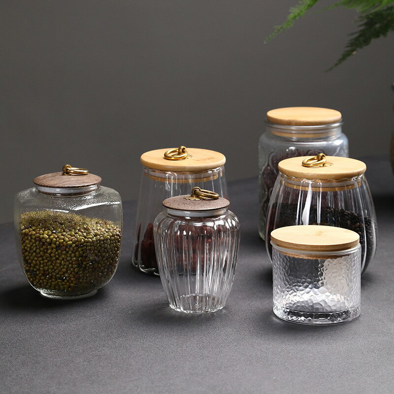 透明玻璃密封罐帶蓋茶葉罐廚房五谷雜糧存儲罐竹木蓋收納瓶儲物罐