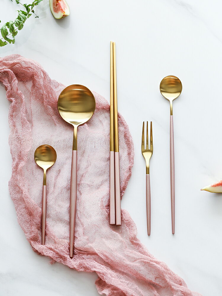 蓮溪 粉色餐具套裝 不銹鋼霧面拉絲西餐牛排刀叉甜品咖啡勺筷
