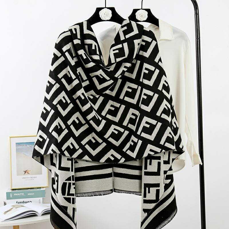 時尚韓版冬季保暖加厚仿羊絨圍巾女 跑量雙面提花幾何字母披肩