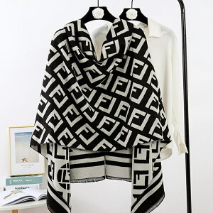 時尚韓版冬季保暖加厚仿羊絨圍巾女 跑量雙面提花幾何字母披肩