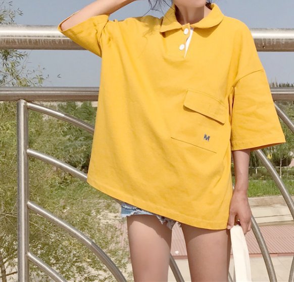 FINDSENSE H1 2018 夏季 Polo衫 T恤 女原宿 學院風 寬松 純色 翻領 中袖 上衣 潮