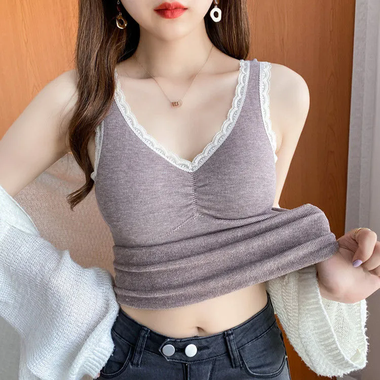 女士發熱衣 保暖背心 女加絨加厚內搭上衣 帶胸墊保暖背心 壹體絨美背無袖上衣 蕾絲V領打底衫 女生保暖內衣【不二雜貨】