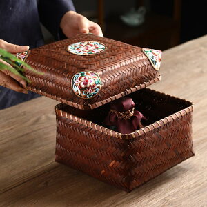 中式茶具 竹編花布方盒手工編織方形文玩茶具收納盒方盒竹茶具帶蓋零食收納