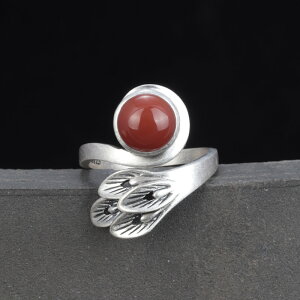 925純銀天然南紅孔雀戒指女復古個性圓形食指指環開口小眾高級感