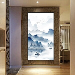 新中式山水風景豎版玄關裝飾畫現代簡約掛畫走廊過道背景墻壁畫