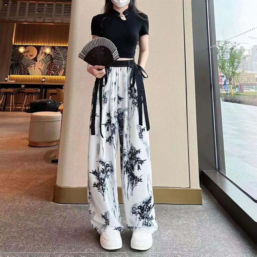 【精品女裝】2023新款冰絲褲新國風水墨竹子系列雪紡寬褲女垂墜感夏季薄款寬鬆直筒休閒