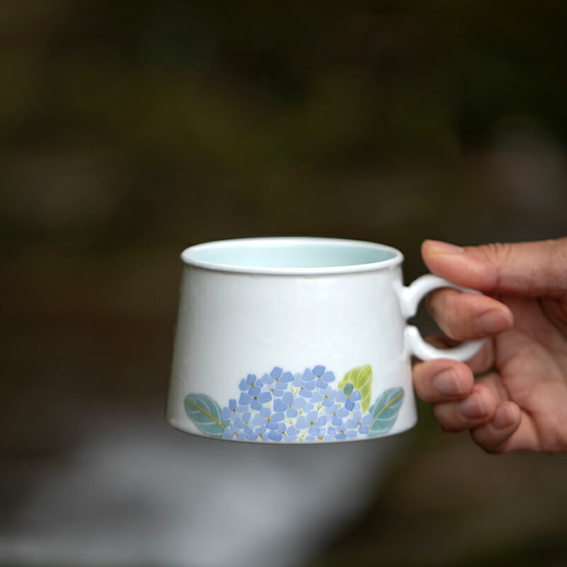 山水間 繡球花手繪咖啡杯帶碟 景德鎮全手工陶瓷馬克杯家用水杯子