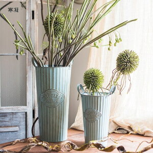 花盆 掬涵 復古藍鐵皮花筒花器花盆花裝飾干花歐式法式韓式落地桶