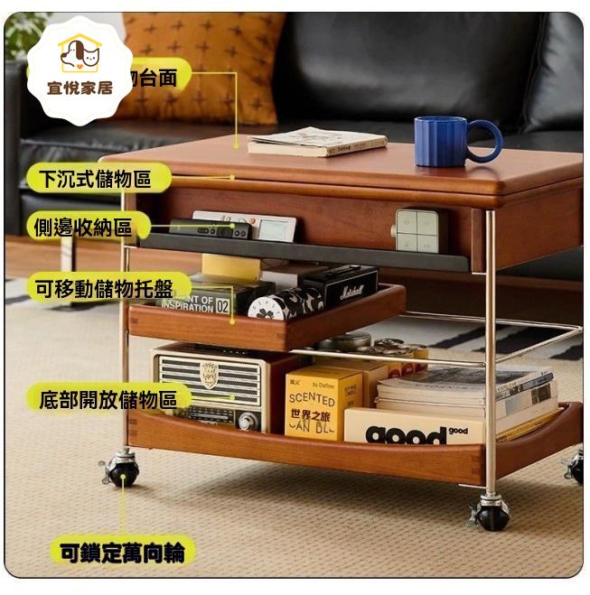 茶幾 實木茶幾 沙發邊幾 折疊茶幾中古家用客廳小推車古風小戶型復古移動沙發升降收納 八折減免 特價出 快速出貨