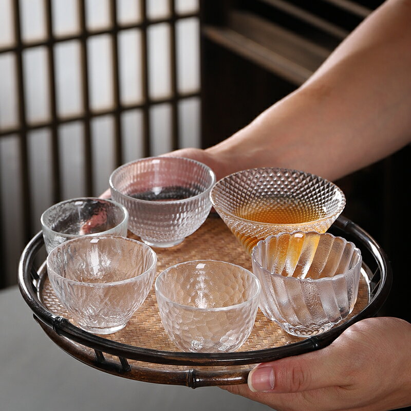 加厚玻璃小茶杯耐熱日式錘紋品茗杯描金水晶透明茶杯功夫茶具個人