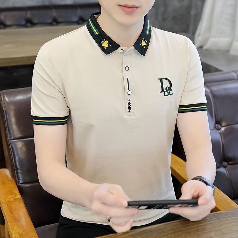 韓版翻領POLO衫男|大尺碼100公斤男裝上衣|夏季繡花POLO衫|青春潮流短袖上衣|純色翻領打底衫|半袖POLO衫男