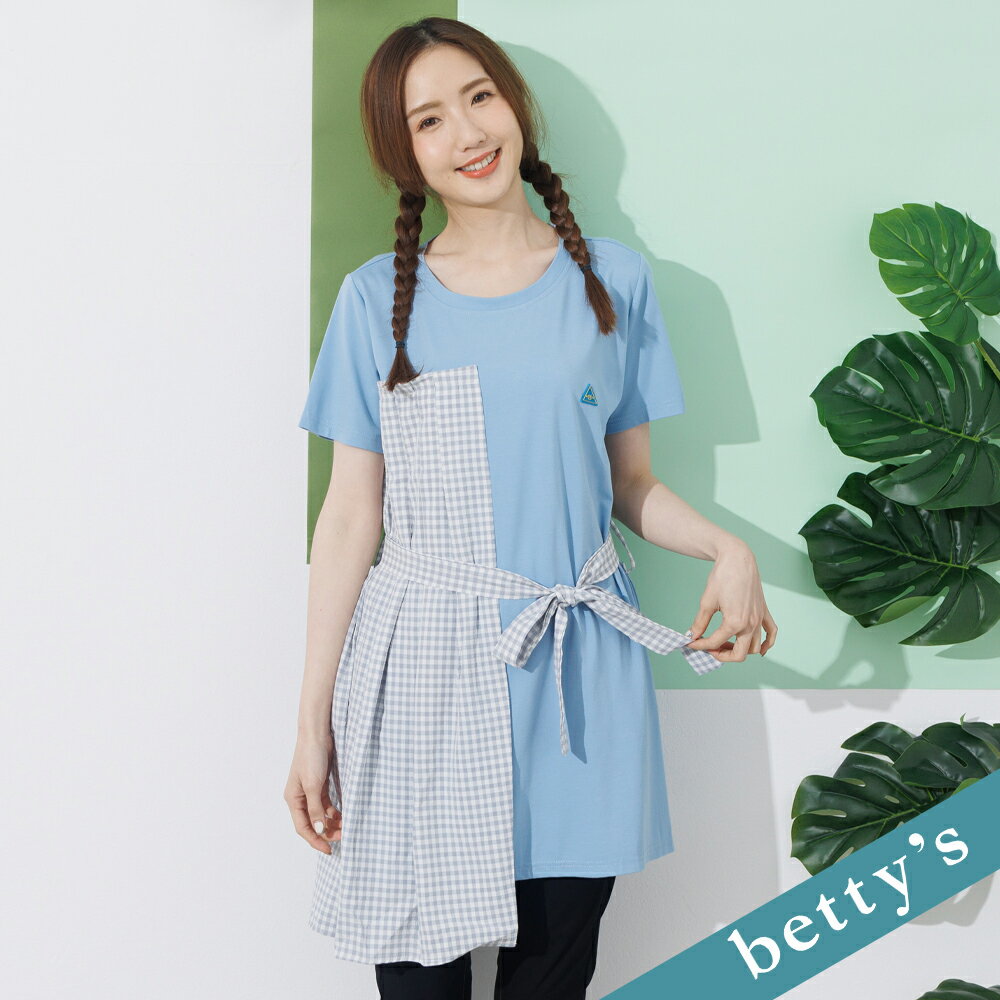betty’s貝蒂思 格紋拼接打摺長版上衣(藍色)