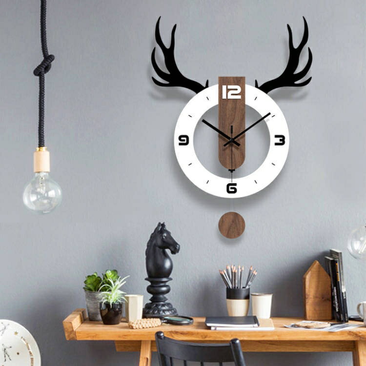 北歐ins 掛鐘 鹿頭裝飾 亞克力時鐘表 創意搖擺時鐘 掛牆 簡約 靜音鐘錶 客廳