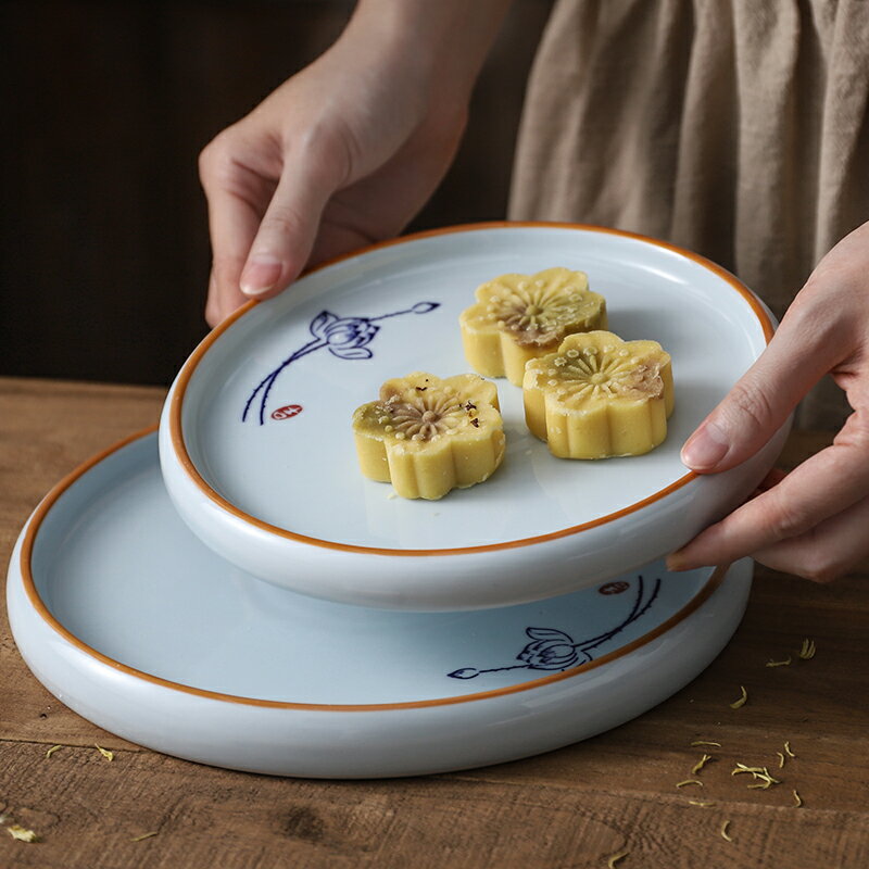 茶點盤中式禪意陶瓷小吃碟商用點心盤中國風蓮花荷花盤子月餅餐具