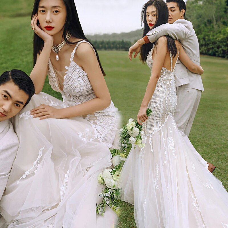 2021新款影樓主題服裝旅拍婚紗攝影情侶寫真蕾絲吊帶拍照魚尾禮服
