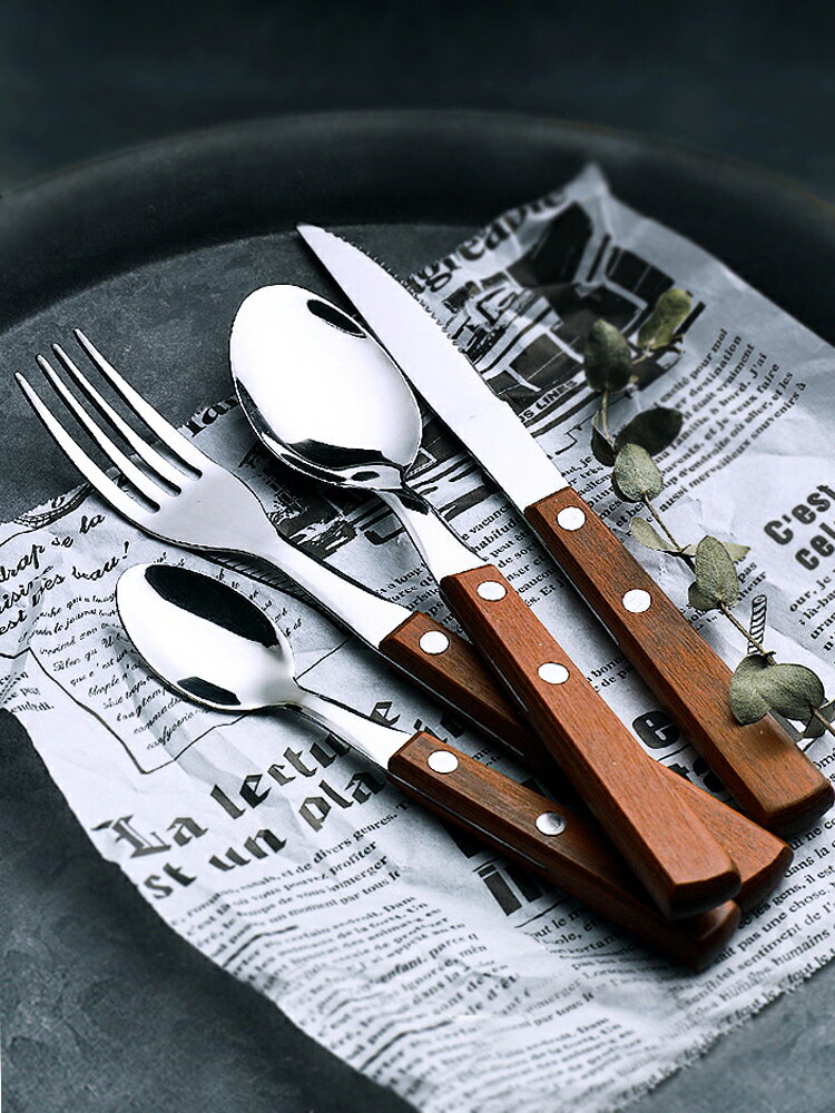 木柄刀叉勺304不銹鋼西餐牛排刀叉套裝家用鐵板燒牛扒刀料理餐具