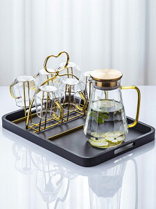 簡約高檔北歐式家用客廳輕奢玻璃杯具水杯子帶架把手茶杯具套裝