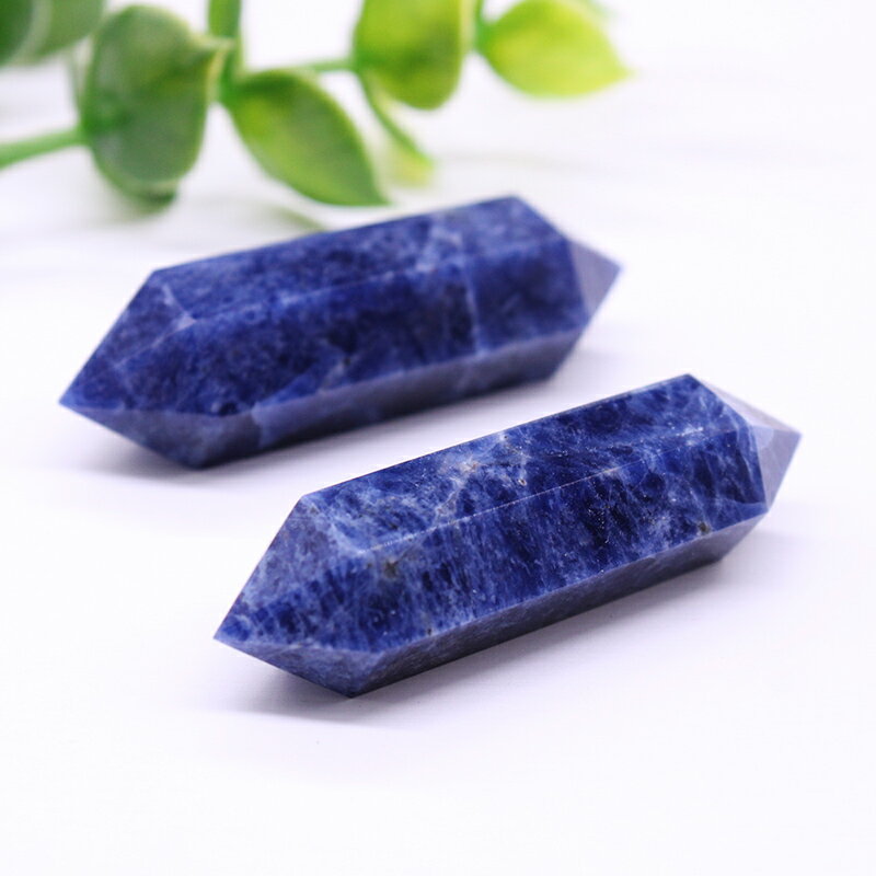 如鴻天然水晶六棱柱擺件雙尖藍色藍紋石方納石礦物石頭半寶石禮物