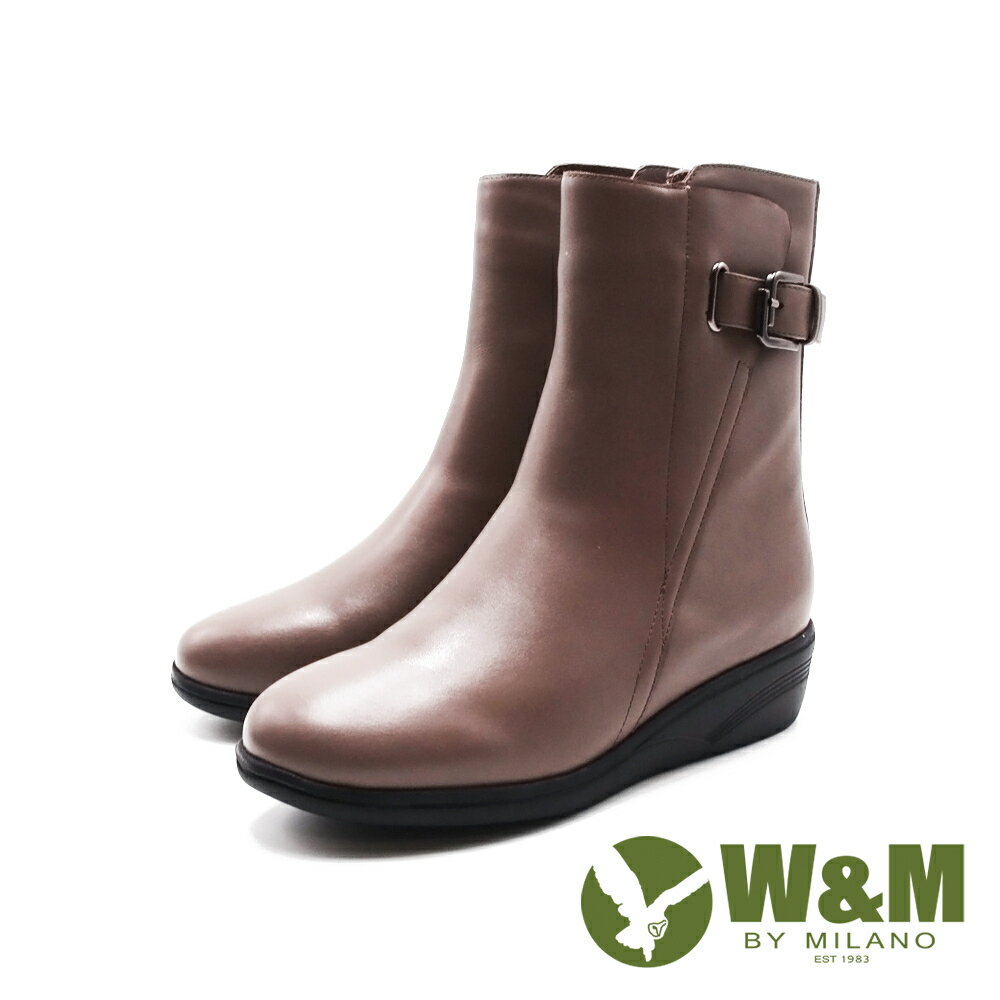 W&M(女)皮釦造型內拉鍊楔型底女靴 女鞋－棕灰色(另有黑色)