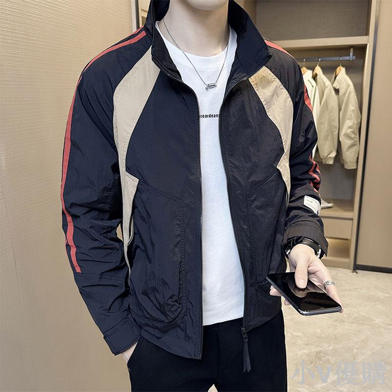 外套男春秋款2023新款秋季潮牌男裝潮流痞帥拼色立領夾克秋裝上衣