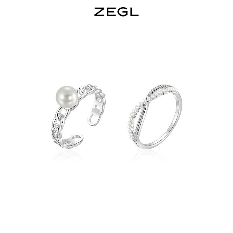 ZEGL高階感鏈條戒指女小眾設計ins潮冷淡風食指環人造珍珠開口戒