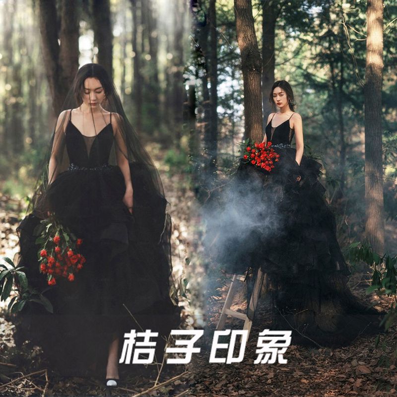 影樓婚紗主題服裝藝術拍照攝影禮服工作室寫真黑色吊帶拖尾蓬蓬裙
