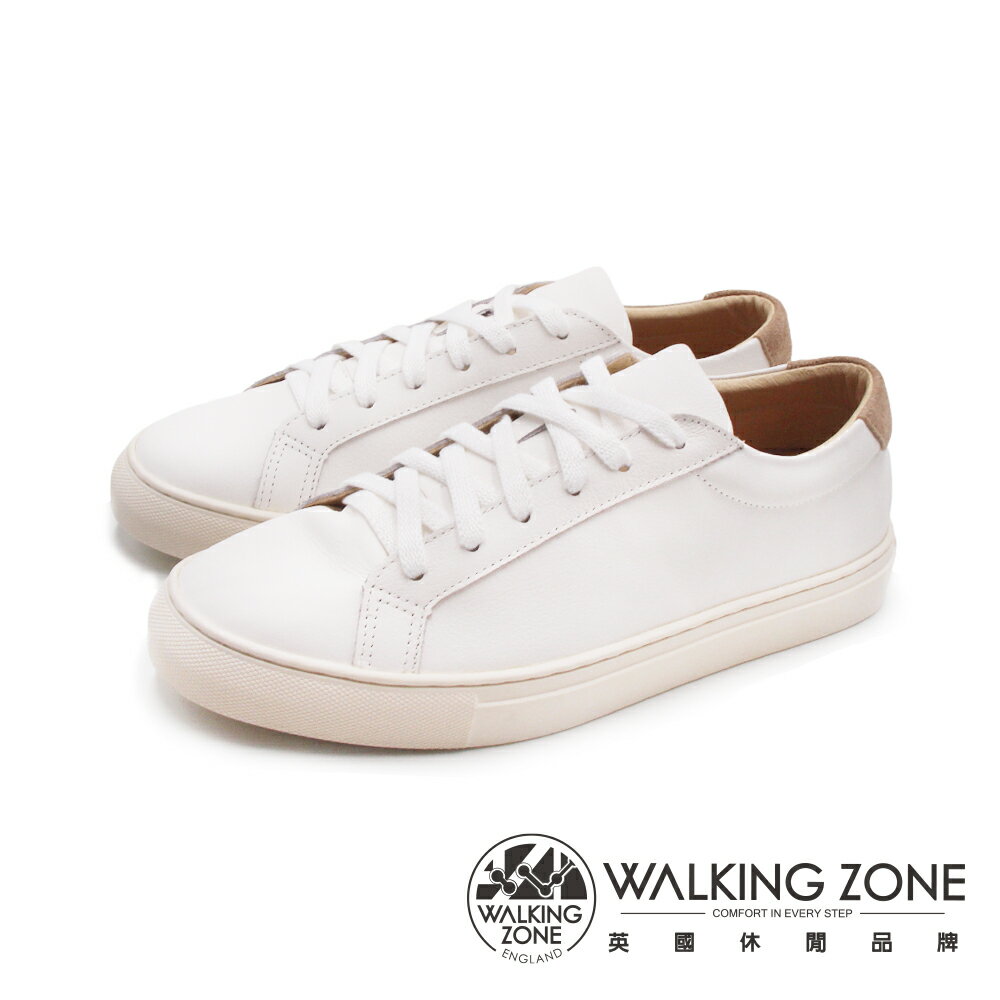 WALKING ZONE(女)經典綁帶平底小白鞋 休閒鞋 女鞋-咖啡白 治裝激推 0