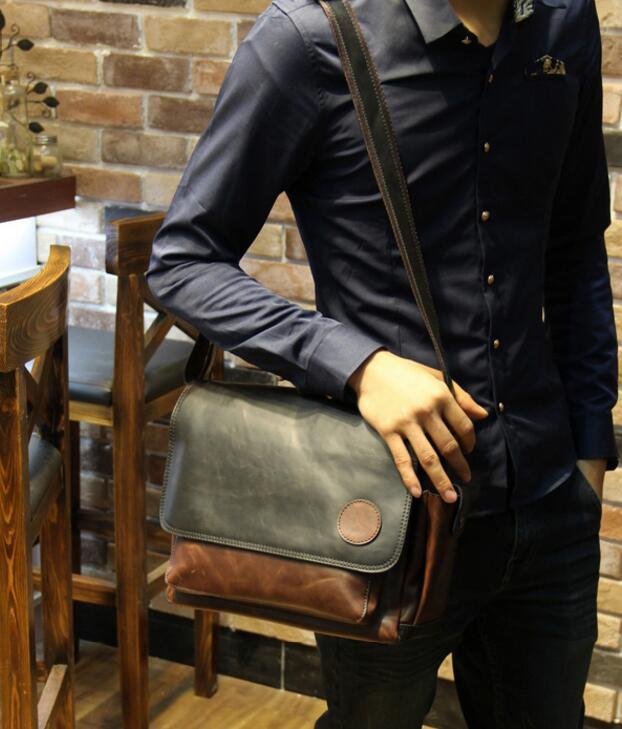 FINDSENSE Z1 韓國 時尚 潮 男 皮質 休閒 拼色 手提包 單肩包 斜背包 側背包