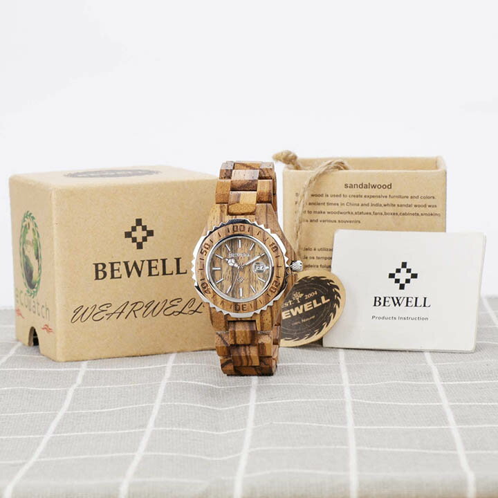 Bewell【日本代購】復古懷舊木錶 石英夜光 日曆 輕巧抗過敏- 斑馬女士 2