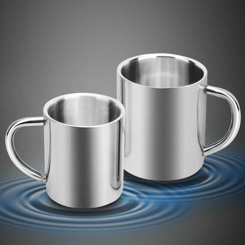 加厚不銹鋼雙層馬克杯創意口杯兒童杯水杯牛奶杯咖啡飲料帶蓋茶杯