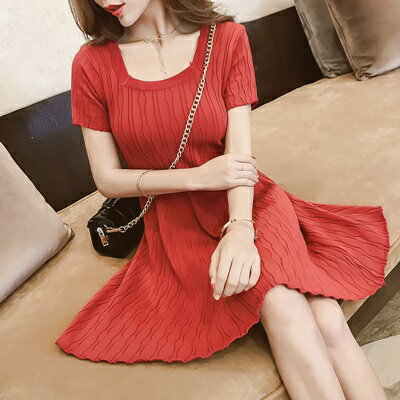 連身裙短袖洋裝-秋季紅色針織修身女連衣裙73pu71【獨家進口】【米蘭精品】